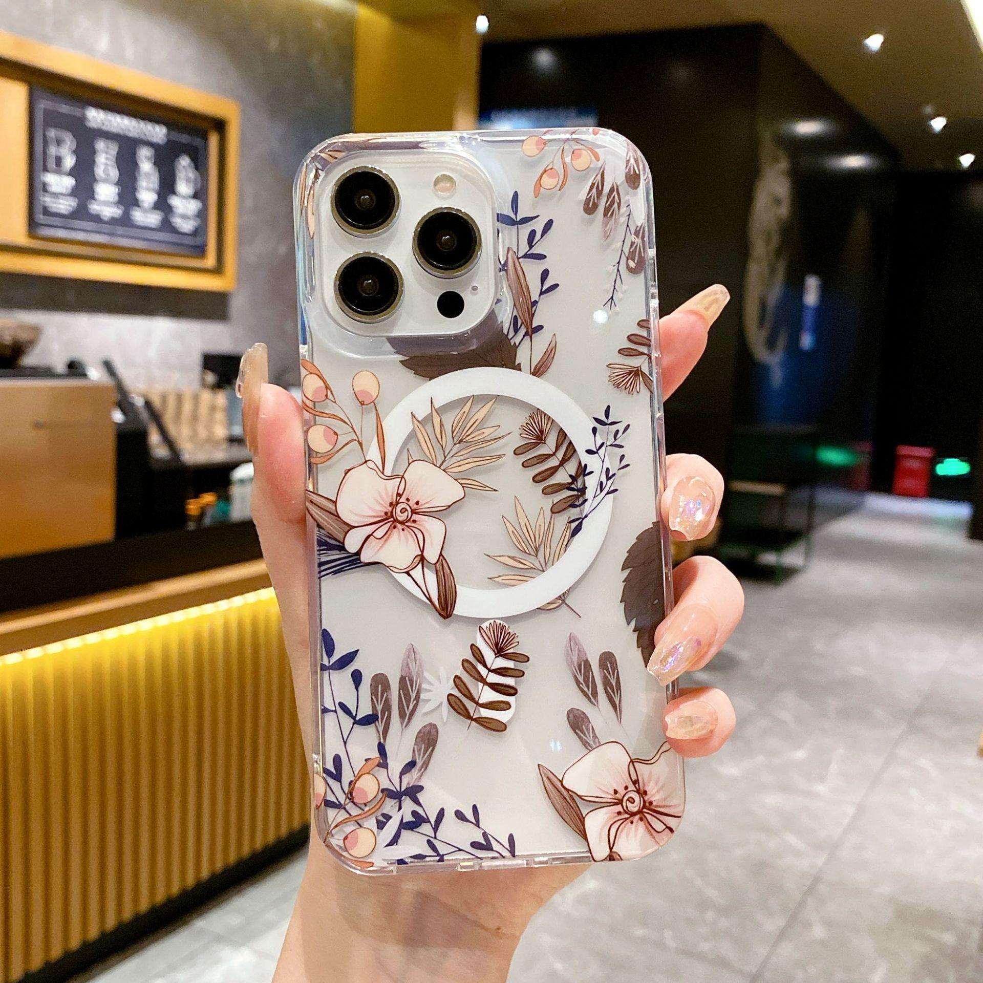 

Двусторонняя магнитная адсорбция, Подходит для чехла для телефона iPhone16, Apple 15Pro Цветочное ядро Высокая прозрачность Противоударный 14 Защитный чехол iPhone12/12Pro Universal