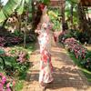 French one-word shoulder floral suspender dress women's summer seaside vacation temperament waist slim ruffle edge dress