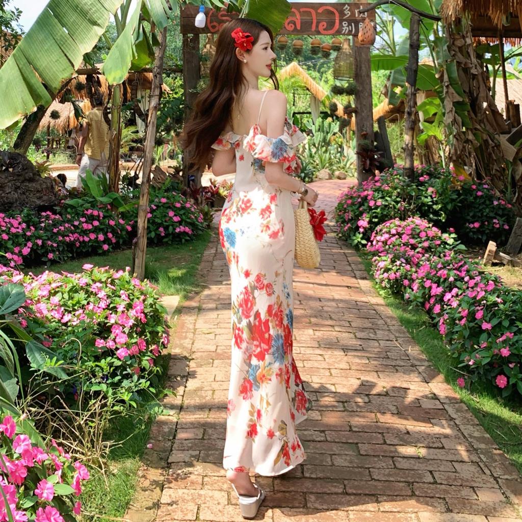 French one-word shoulder floral suspender dress women's summer seaside vacation temperament waist slim ruffle edge dress