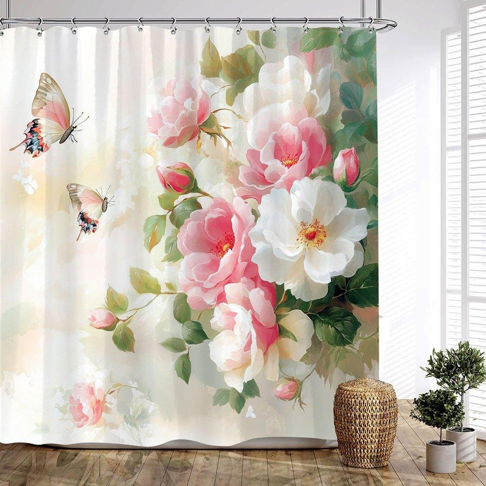 1Pc Romantic Roses Bath Curtain Delicate Pink White Bouquet Green Leaves Translucent Butterflies Cream Pale Pink Gradient Backgr