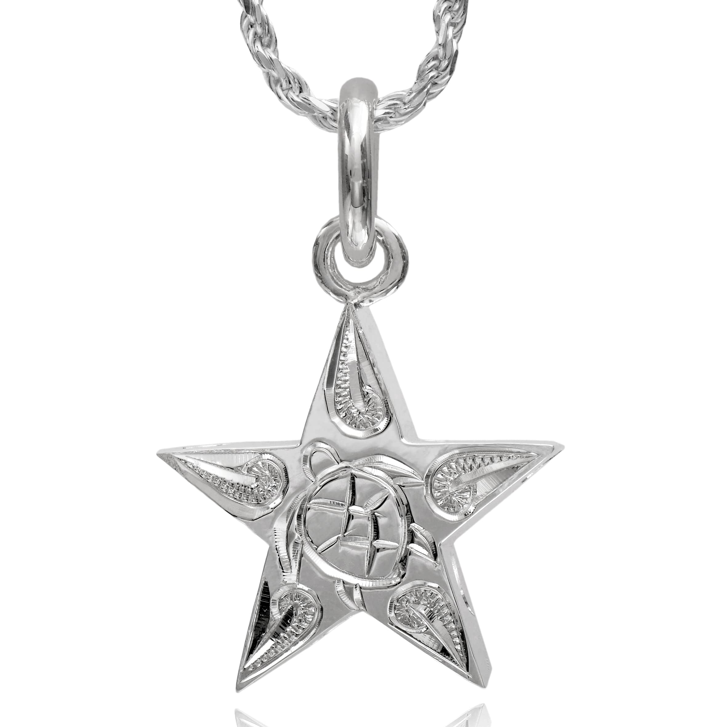 

Leilani Hawaiian Jewelry Star Honu (Sea Turtle) & Scroll Engraved Pendant Necklace for Men, 925 Sterling Silver (Includes 50cm Rope Chain)
