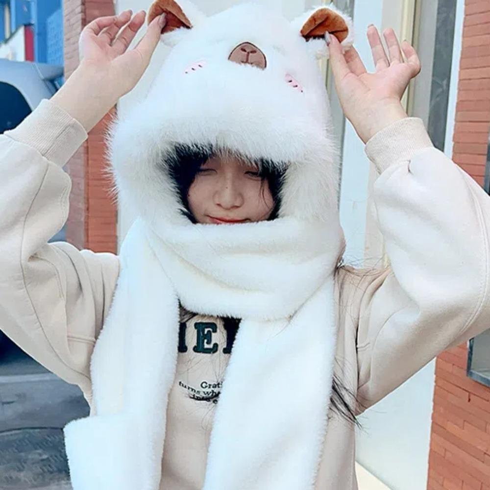 Cartoon Plush Hooded Scarf Korean Style 3 In 1 Hat Capybara Hat Scarf Gloves Set  Keep Warm