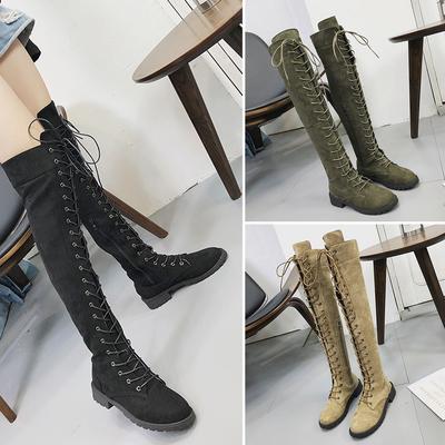 Stiefel Herbst und Winter Neu Runde Spitze Über das Knie Riemen Seitenreißverschluss Große Größen Stiefel Damen