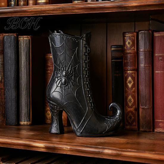 Mysterious Halloween Party Ornament Witch Boot Vase, Gothic Spider Web Flower Elegant Aesthetic Home Decor Decorative Table Centerpiece Vase