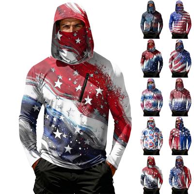 Herren Langarm Kapuzen T-Shirt Leichter Pullover mit Sternenstreifen-Print Lässiger Hoodie mit Kordelzug für Outdoor-Aktivitäten