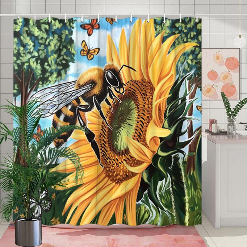 1Pc Bee & Sunflower Shower Curtain - Butterflies Botanical Art, Polyester, 70.8X70.8 Inches, 12 Hooks, Elegant Bathroom Decor