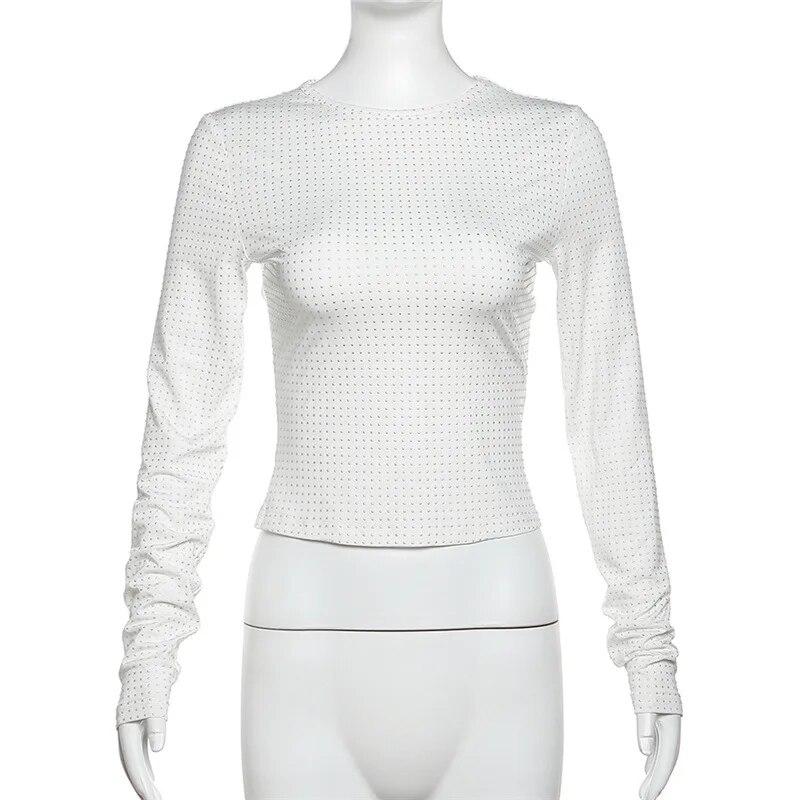 

Женский элегантный тонкий пуловер с бисером, модная блестящая футболка с длинным рукавом и круглым вырезом, весна 2024, женская шикарная сексуальная Y2K L белый