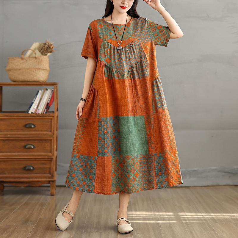 DIMANAF 2025 Women Plus Size Spring Summer Dress Casual Floral Dress Basic Vintage Loose Long Dress Maxi 9303