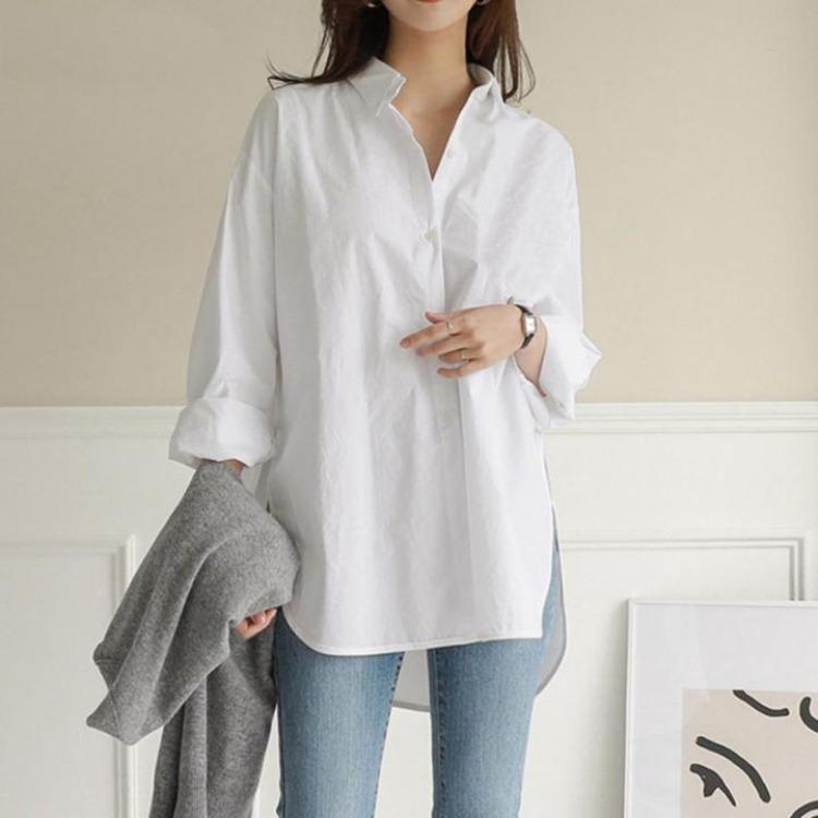 

Women Loose Fit Long Sleeve BF Style Shirt Literary Niche Design White Top Mid Length Spring Autumn Casual Wear 5XL світло-синій колір