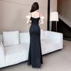 Bubble Sleeves Sexy Splicing Bow Off-the-shoulder Suspender Evening Dress Women's High-end Open-ended Hip-wrapped Long Dress Work Clothes