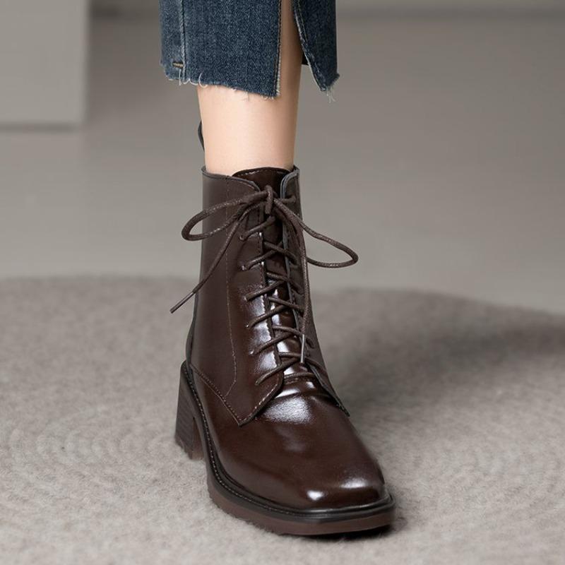 Fashion Stylish Single Boots Autumn New Square Toe Lace-Up Front Rear Zipper Anti-Slip Wear-Resistant Block Heel Short Boots