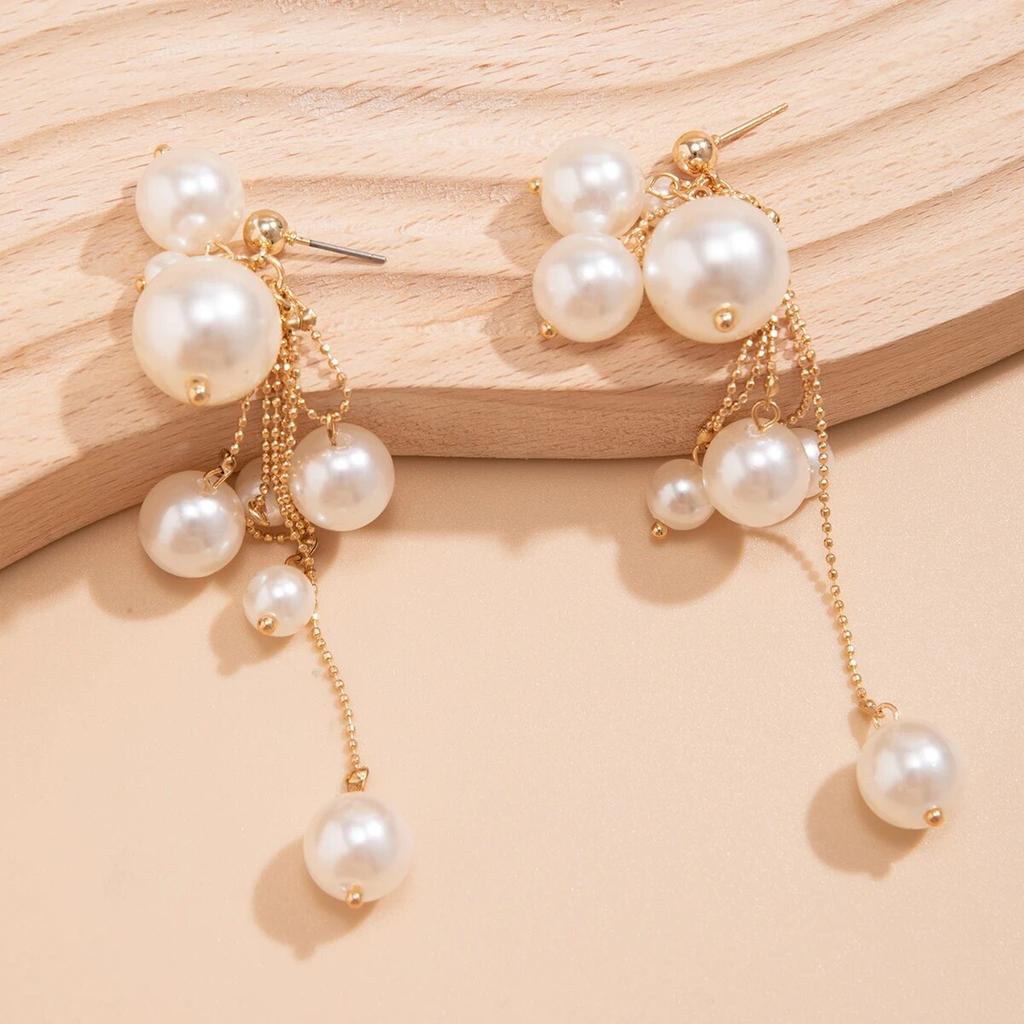 Elegant Simple Imitation Pearl Long Tassel Drop Earrings for Women Wed Bridal Classic Piercing Hanging Earring Aesthetic Jewelry