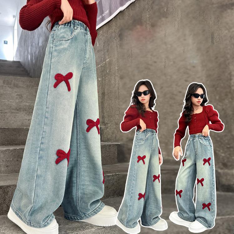Autumn Winter Girls Jeans Bow Print Lining Plush Thick Warm Wide-Leg Denim Pants For 5-14Y Girls Korea Style Long Trousers