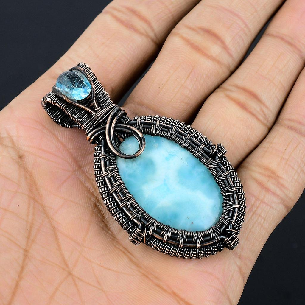 Larimar Pendant Gemstone Jewelry, 999 Copper Wire Wrapped Pendant, Handmade Jewelry Birthstone Pendant, Gift For Him