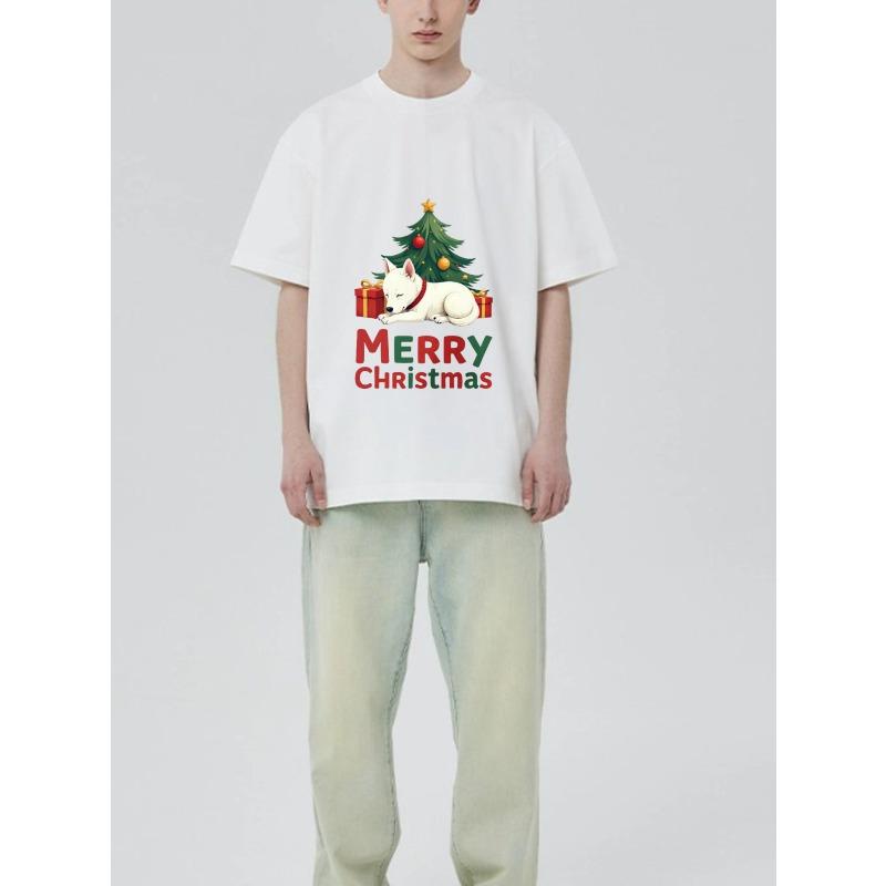 Christmas T-Shirt Black White Dog and Christmas Tree with Gifts Merry Christmas Print Holiday Party Casual Wear
