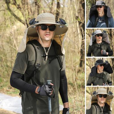 Bucket Hat Lightweight Breathable Water-Repellent Fabric Hiking Hat Adjustable Chin Cord Foldable Neck Guard Sun Hat with 2 Fans