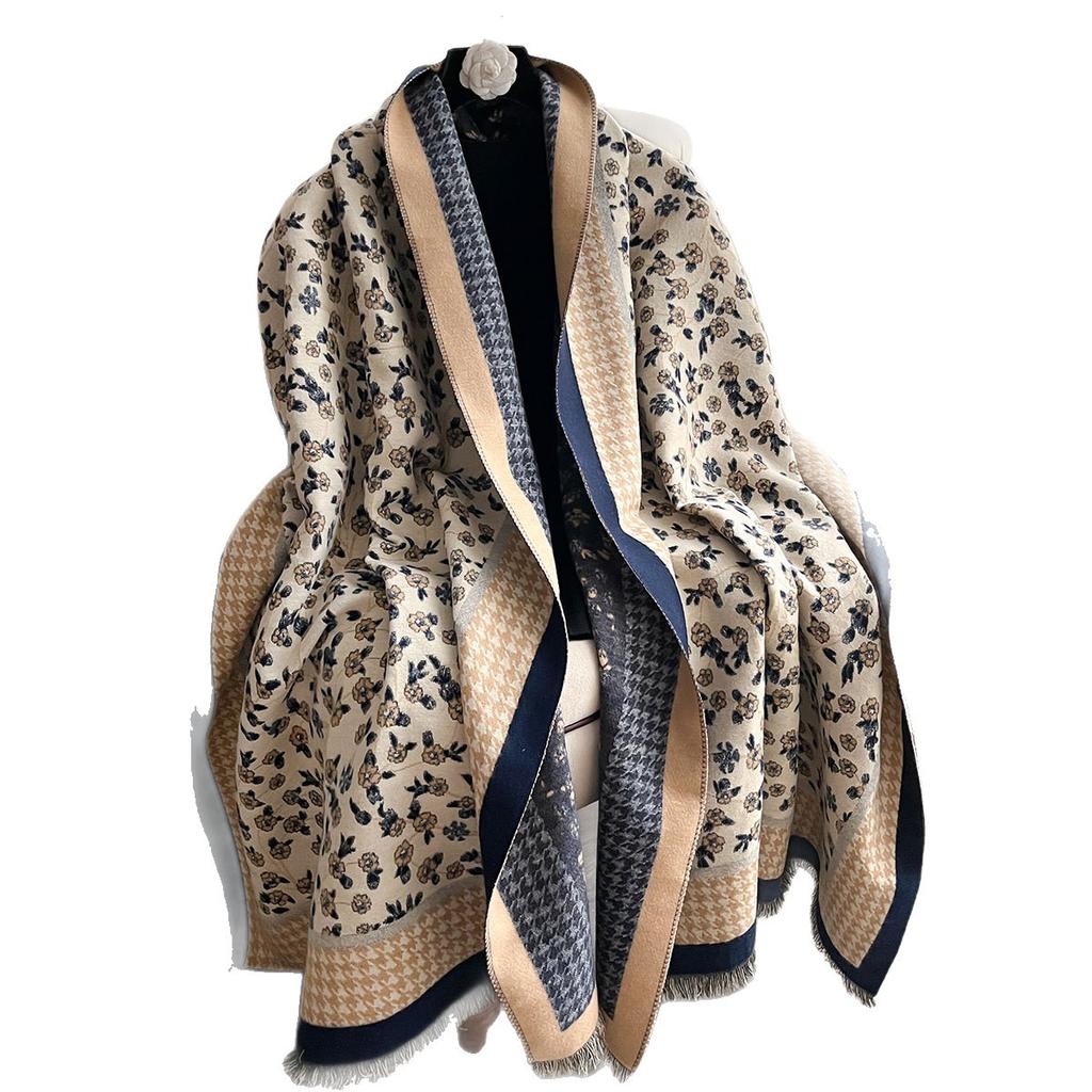 Autumn And Winter Imitation Cashmere Scarf Floral Thousand Bird Grid High-End Double-Sided Scarf Shawl Versatile Woman