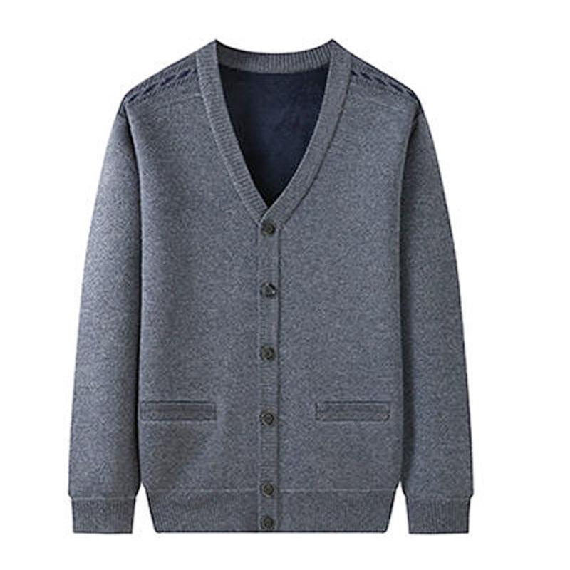 Men's V-Neck Thick Fleece Cardigan: Warm Knitwear for Dad and Grandpa