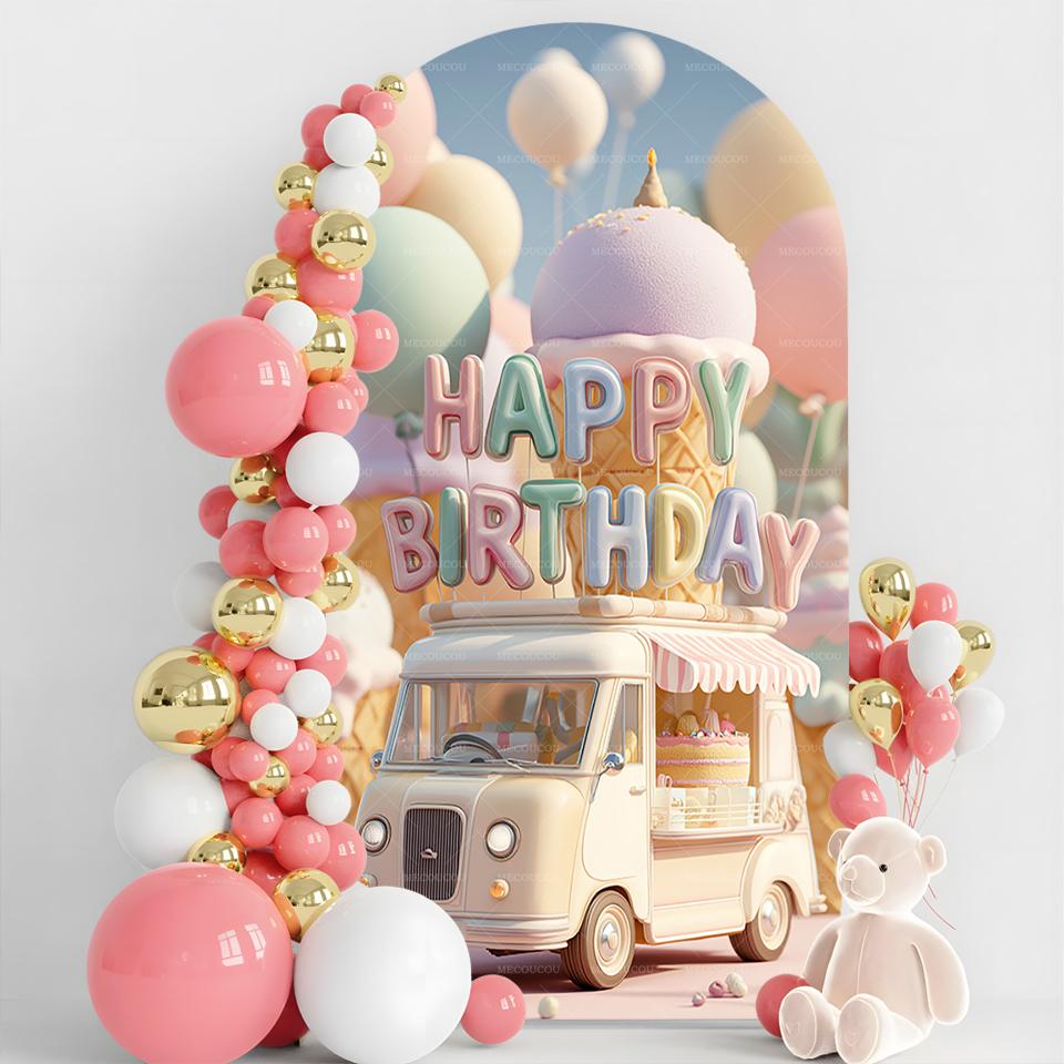 

BEPAN Summer Dessert Ice Cream Theme Arched Background Girls Baby Shower Birthday Party Decoration Double SidedPrinting Stretch Fabric 1.6x3.9ft(50x120cm)