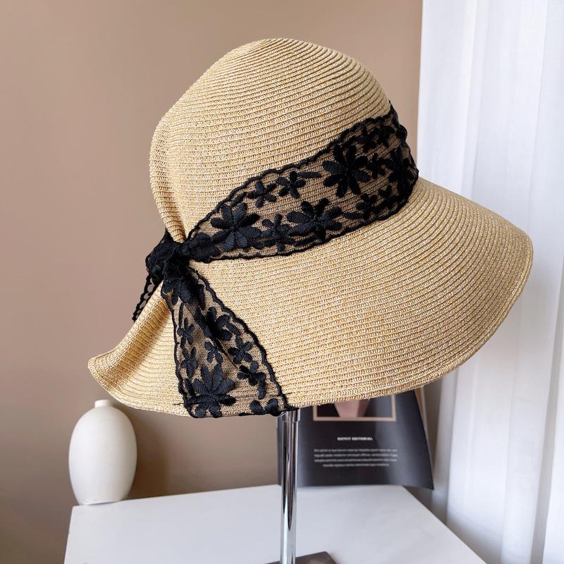 Summer Hat Women Lace Ribbon Bow Brimmed Sunshade Bucket Hat Lady Folding Sun Hat Beach Accessories Sunscreen Travel New Sunhat