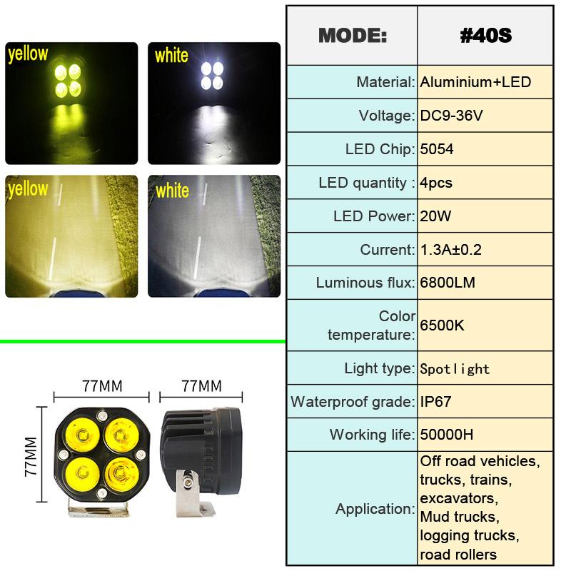12V 24V 4LED LED Spot Work Light White/Yellow Waterproof Fog Light for Car Motorcycle Off-Road Truck SUV ATV Outdoor Driving
