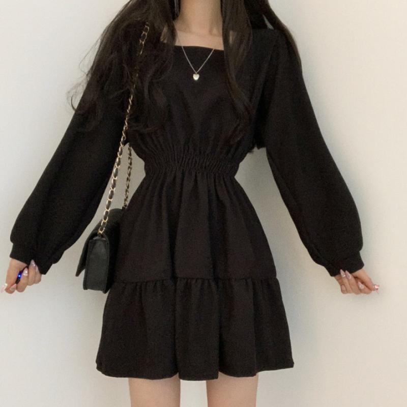 Slimming Pleated High Waist Vintage Short Girl Street Snap Dress Square Collar Korean Style Loose Fit Teenage Summer Dress