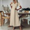 Damenmode V-Ausschnitt Kurzarm Farbe Reißverschluss Lässig Urlaub Langes Kleid Baumwolle Leinen Kleider