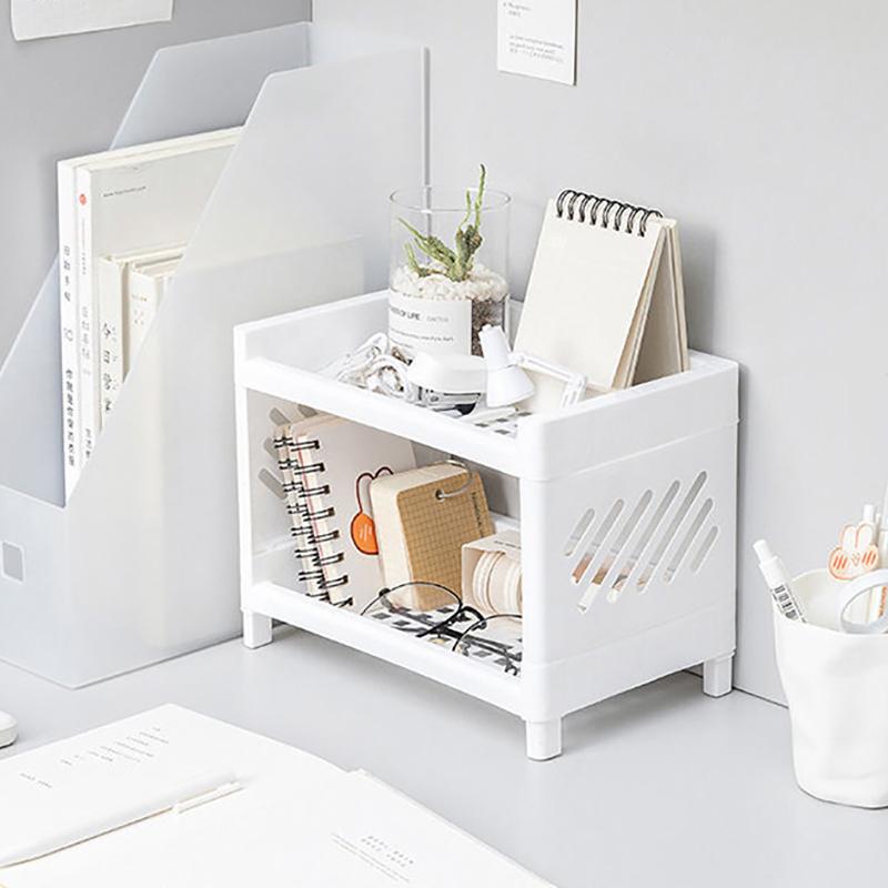 Minimalist Pp Desktop Double Layer Storage Rack Rectangular Organizing Student Desk Office Cosmetics Stationery Storage Shelf