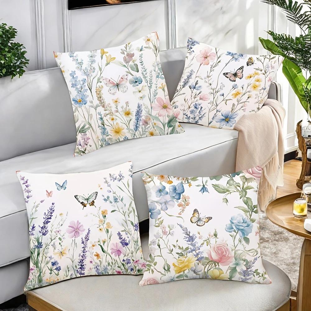 Set da 4 Federe per Cuscini con Motivo Lavanda, Rosa e Farfalla per Camera da Letto, Divano, Copricuscino Decorativo con Cerniera, Morbida Federa per Cuscino
