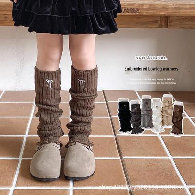 Korean Style Girls' Embroidered Bow Knitted Ruffle Socks - Mid-Calf, Solid Color, Perfect for Spring & Autumn