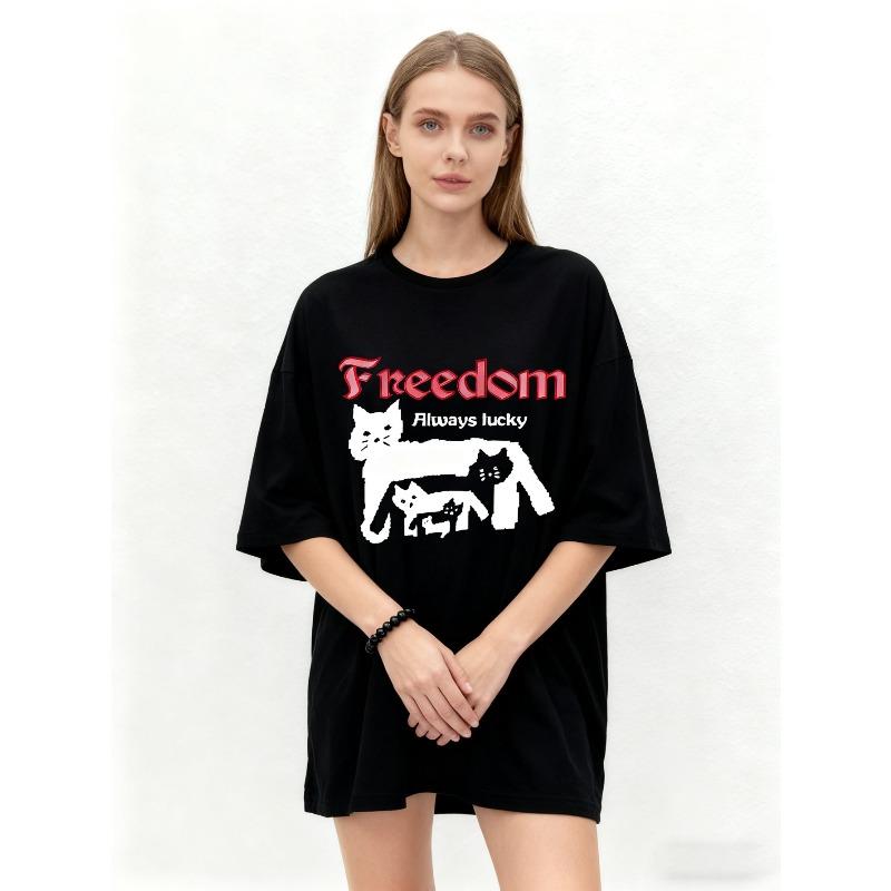 Oversized T Shirt Black Freedom Always Lucky Cats Print Casual Streetwear Fashion Top Women Summer Outfit Unisex Loose Fit Graphic Tee
