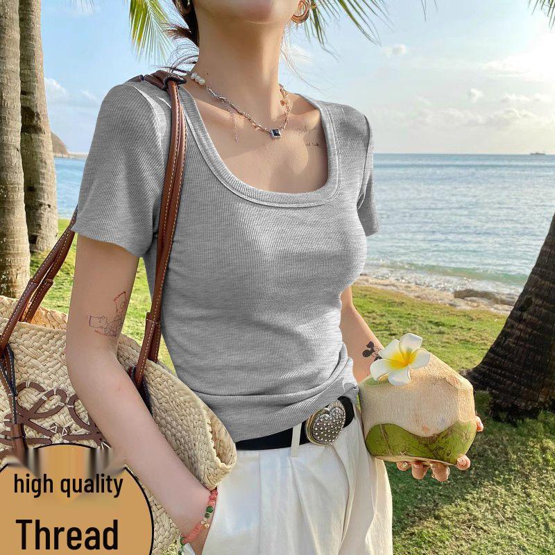 Hong Kong Style Women's Ribbed Square Neck Short Sleeve Top - Age-Reducing, Trendy, and Breathable