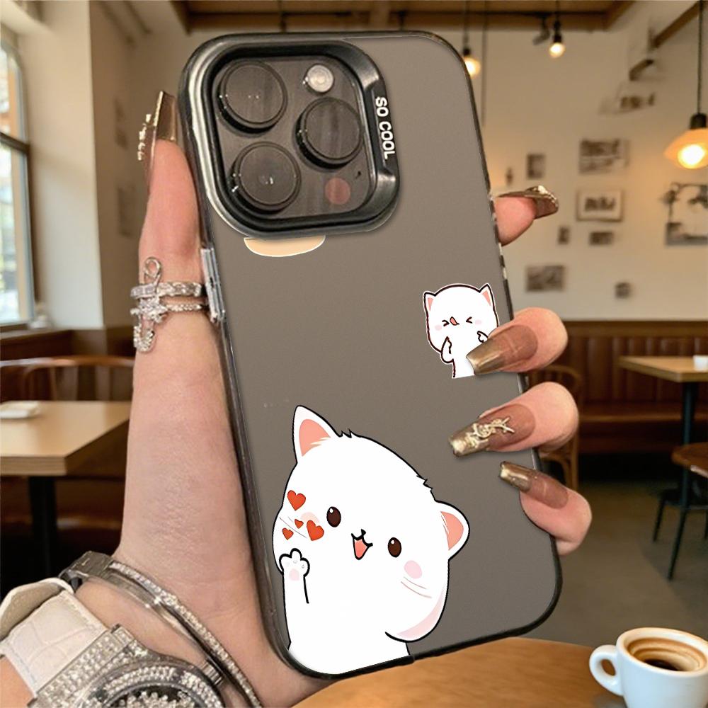 Cute White Cat Cartoons Phone Case for Iphone 16 15 14 13 12 11 Pro Max/Mini Shockproof Anti-Scratch Premium Hard Cover