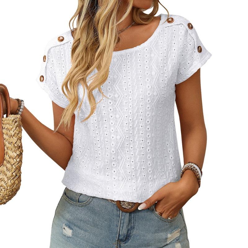 Women's Spring and Summer New Solid Colour Round Neck Button Short-sleeved T-shirt Hollowed Out Tops