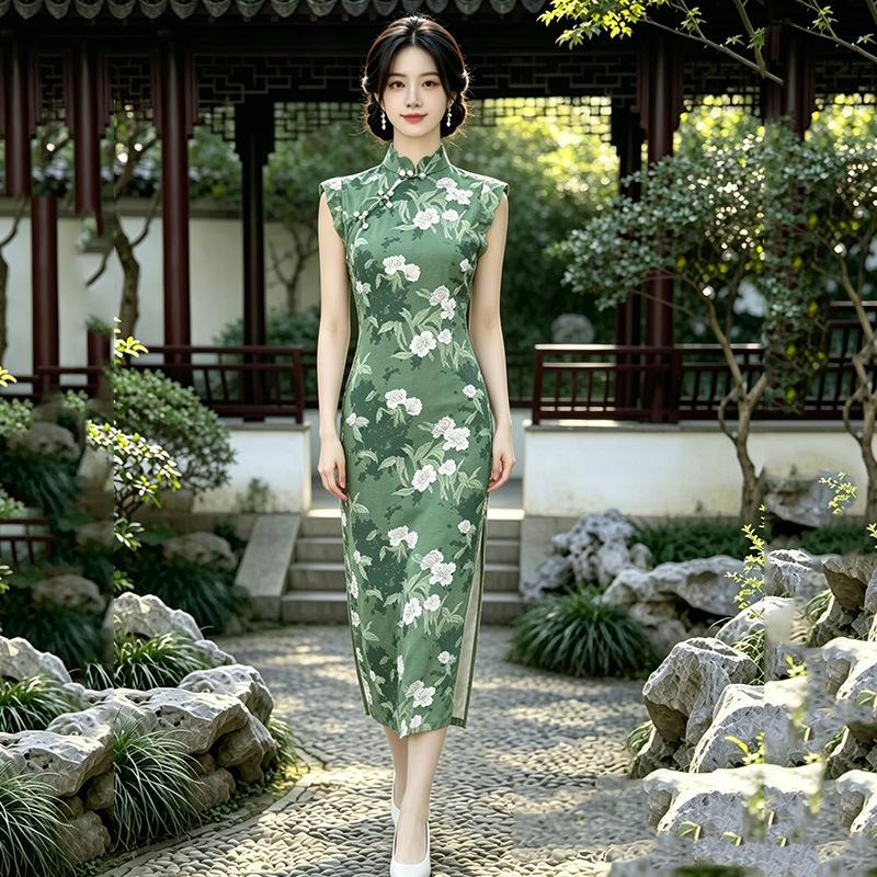 Green Daily Sleeveless National Style New Chinese Style Suzhou Long Cheongsam Improved Young 1011 New Women's High Sense