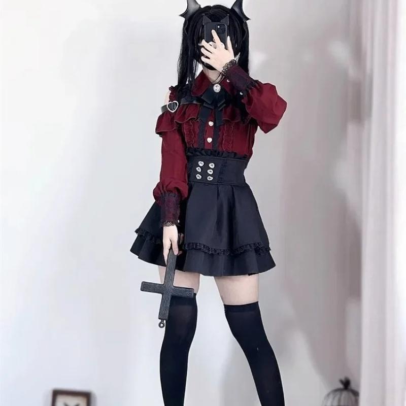Damen Lolita Set Dark Femme Netzoberteil & Taillenbetonender Rock Herbst Japanischer Street Style Outfit für Gothic Baddie Mode Zweiteiliges Set