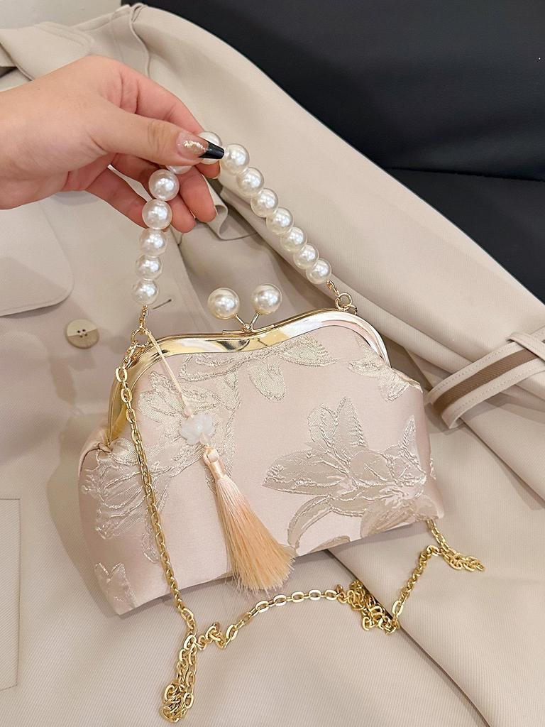 2026 Women's Crossbody Evening Bag with Chain Clasp - Textured Qipao Embroidery & Pearl Design