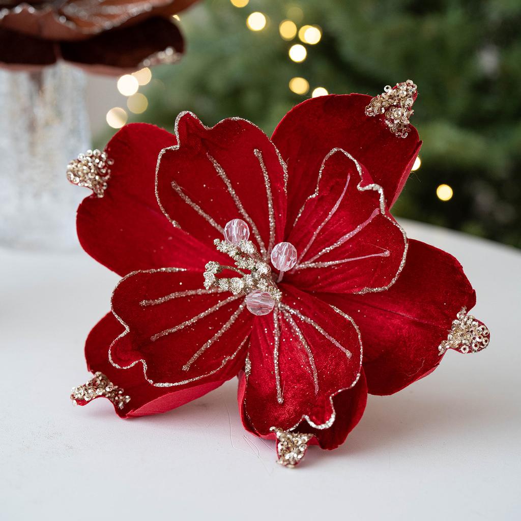 1PC Christmas Artificial Flower 22cm Fabric Sticky Pink Sequins Imitation Magnolia Flower Living Room Decoration Christmas Decoration Small Gift