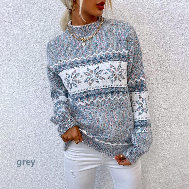 Fashion Women s Sweaters Fall/Winter Sweaters Semi-Turtleneck Snowflake Knit Sweater S серый