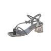 Silver rhinestone sandals women's 2025 new summer with skirt thick heel open toe beautiful bow crystal high heels