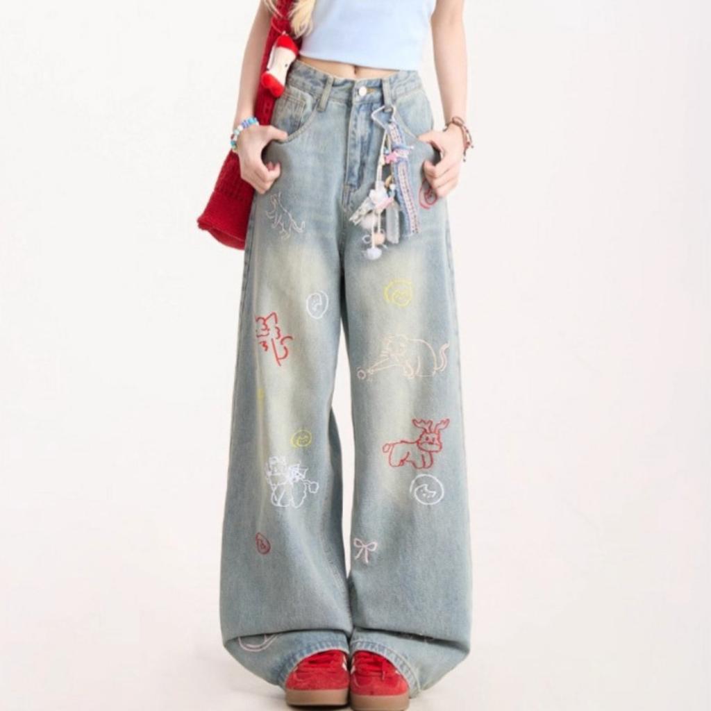 Women's Mid Rise Loose Fit Wide Leg Jeans Casual Straight Leg Denim Pants With Embroidery
