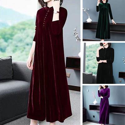 Női Őszi Ruha Egyszínű Laza Hosszú Ujjú Gombos Maxi Ruha Melegen Tart Bársony Plus Size Anya Tavaszi Ruha Női Ruházat