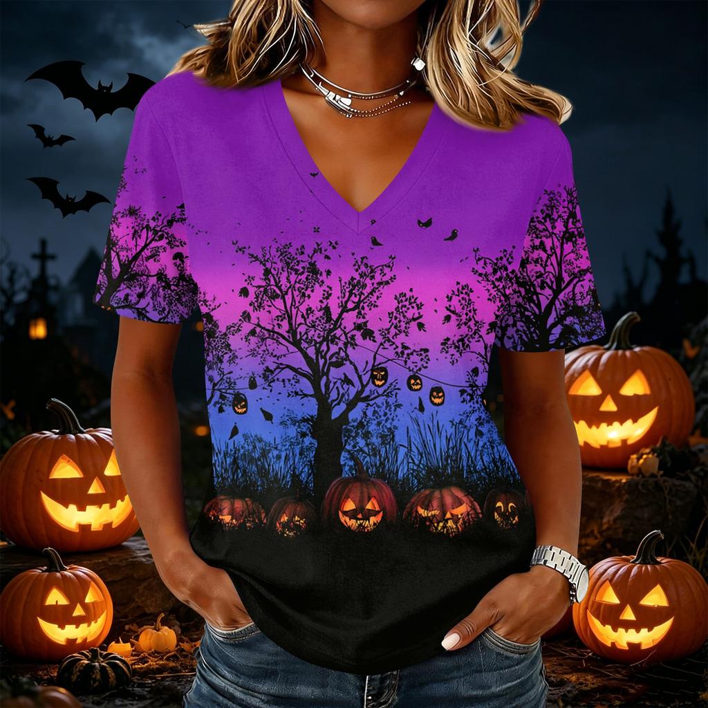 Women's Casual Short Sleeve Halloween Print V Neck Pullover Top Lightweight Comfortable Fit Seasonal Graphic Tee for Everyday Wear