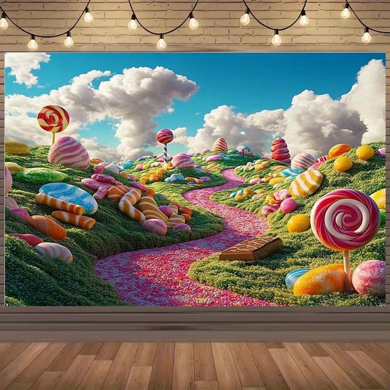 Candy Wonderland Party Background Cloth - Candy Mountain Theme with Lollipops  No Need for Electricity  Holiday Decoration