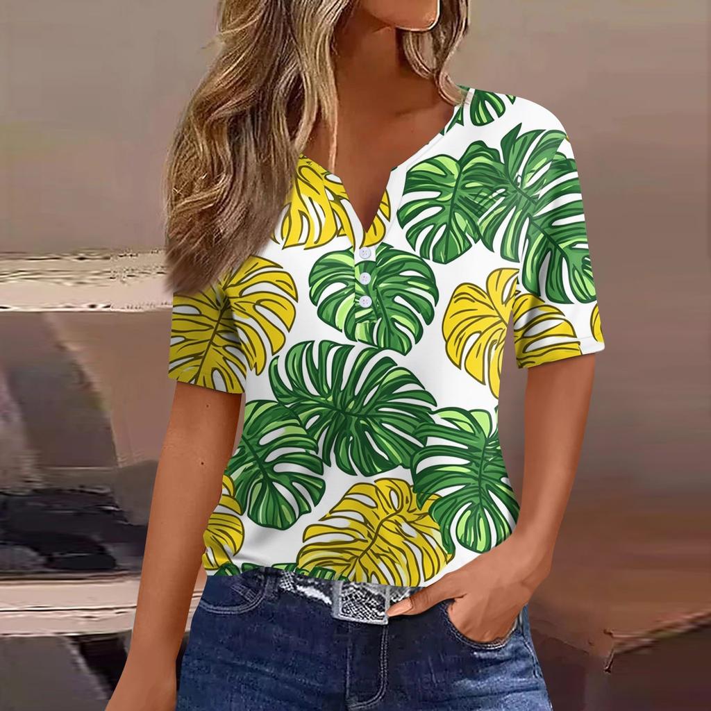 Women's T Shirt Print Button Short Sleeve Daily Weekend Fashion Basic V- Neck Regular Top