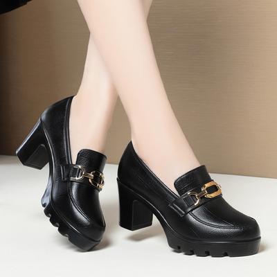 Mode Weiche Leder Schwarz Schuh Frau Block Pumps 2024 Dicke Unterseite Plattform Schuhe Modell Büro Arbeit 6,5 cm 8 cm High Heels Gnade