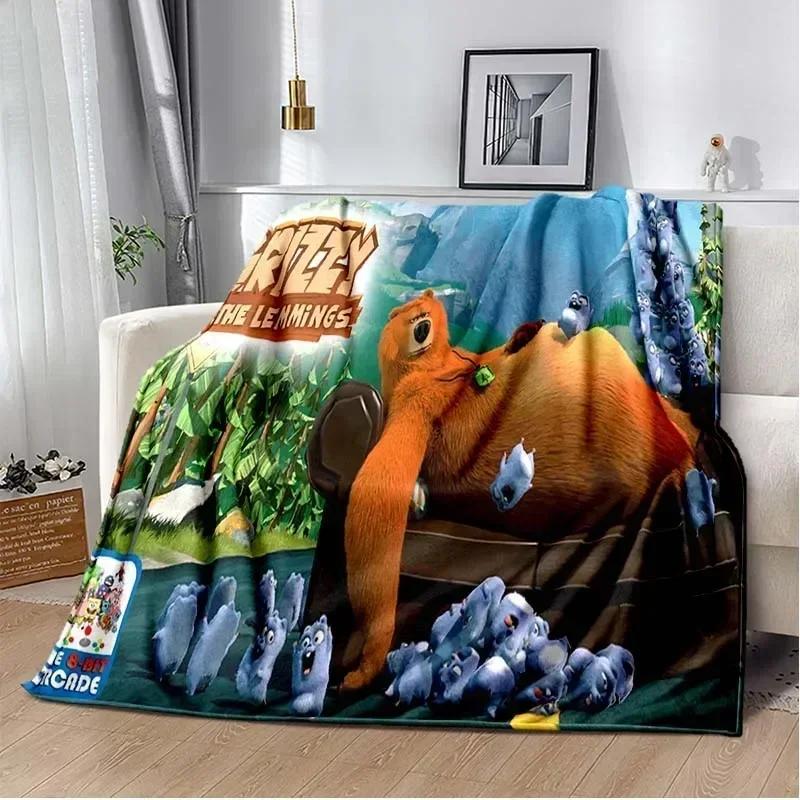 Cute Cartoon Anime Grizzly & The Lemmings Throws Blanket for Beding Hiking Picnic Super Soft Funny Flannel Blanket Birthday Gift