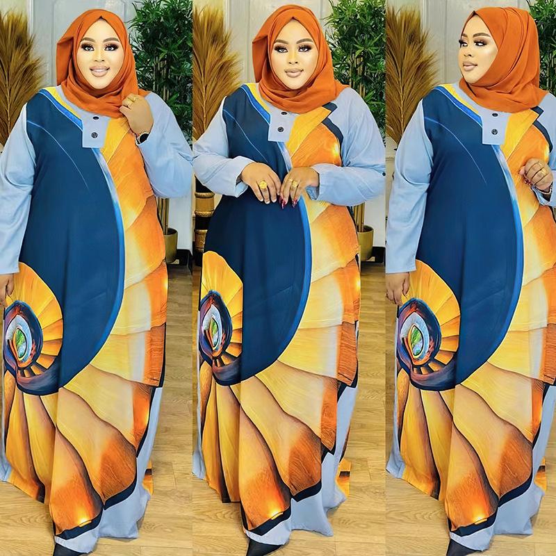 European and American Large Size Women's Satin Print Dress, Arabic Robe Style 8901