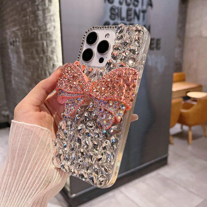 Luxury Full Rhinestone Phone Case With Bow IPhone 16/17 Pro Max Soft Silicone Bling Cover Women Anti-Drop Protection