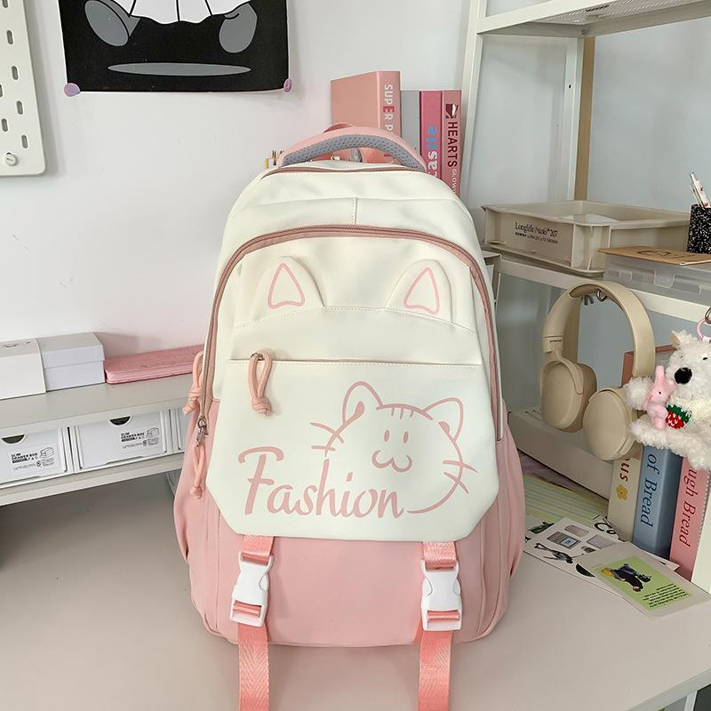 Korean Cute Cartoon Cat Women's Backpack Junior High School Students Schoolbag Large Capacity Multi-compartment Storage Waterproof Travel Backpack